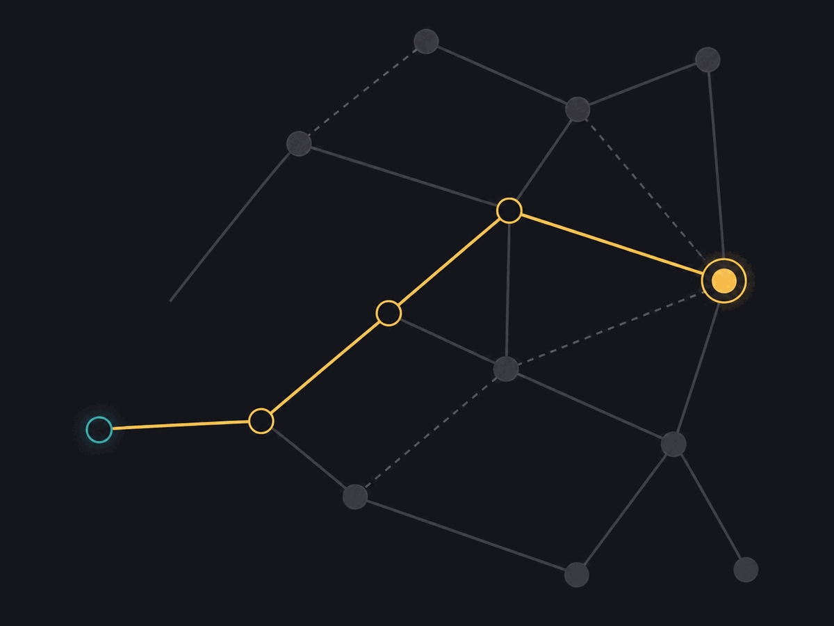 A highlighted route selected from a network of possible API paths.